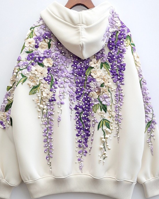 Women's Purple Floral Beaded Embroidered Cozy Hoodie Women's Purple Floral Beaded Embroidered Cozy Hoodie