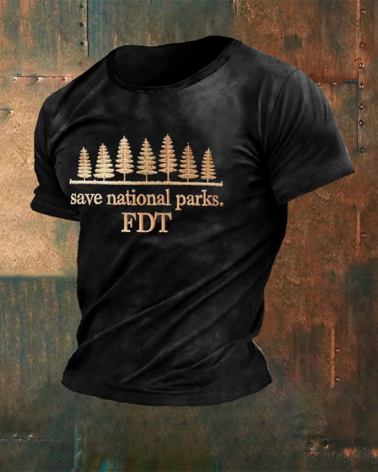 Men's Retro Save National Parks Fdt Printed Casual Crew Neck T-shirt