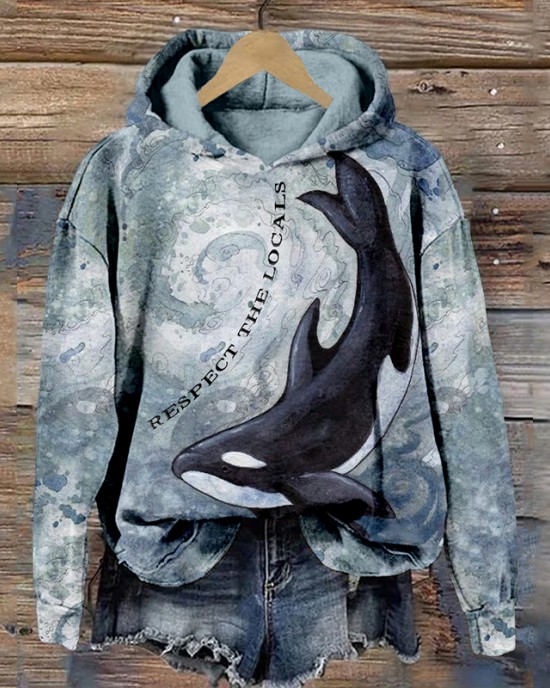 Respect The Locals Embroidered Whales Print Cozy Hoodie Respect The Locals Embroidered Whales Print Cozy Hoodie
