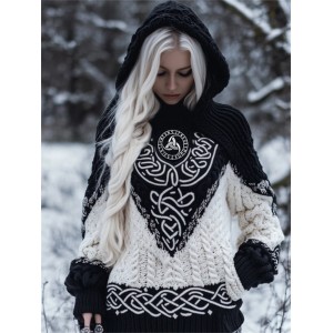 Viking Embroidered Celtic Contrast Color Cozy Chunky Hooded Sweater