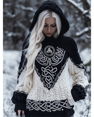 Viking Embroidered Celtic Contrast Color Cozy Chunky Hooded Sweater