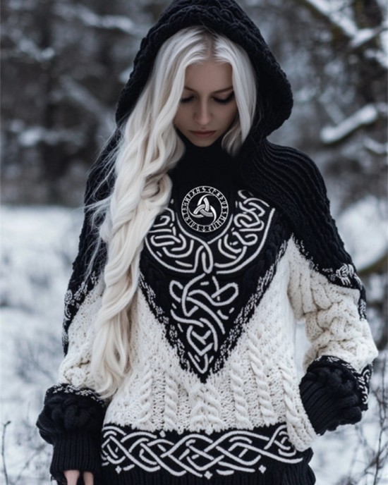 Viking Embroidered Celtic Contrast Color Cozy Chunky Hooded Sweater