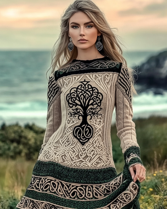 Women's Viking Tree Of Life Symbol Celtic Contrast Thick Round Neck Dress Women's Viking Tree Of Life Symbol Celtic Contrast Thick Round Neck Dress