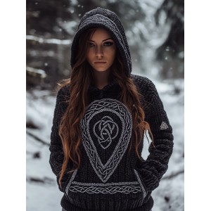 Women's Viking Tribal Jacquard Celtic Inspired Chunky Knit Hooded Sweater