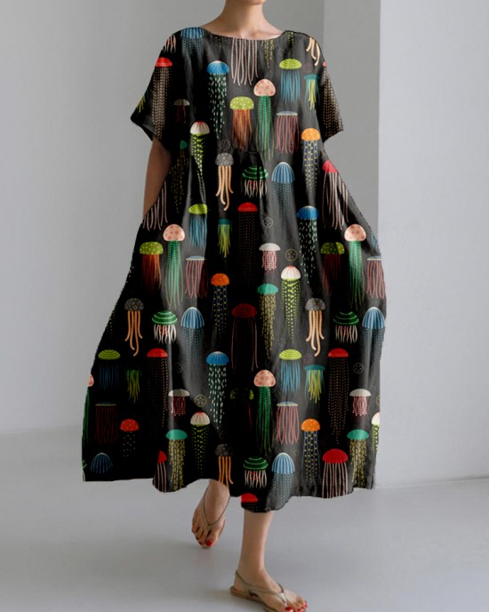 Colorful Jellyfish Art Pattern Linen Blend Maxi Dress Colorful Jellyfish Art Pattern Linen Blend Maxi Dress