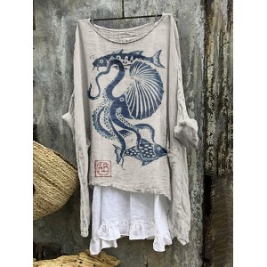 Vintage Japanese Art Ocean Octopus Linen Blend Shirt