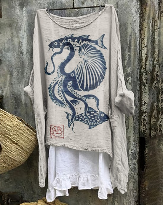 Vintage Japanese Art Ocean Octopus Linen Blend Shirt Vintage Japanese Art Ocean Octopus Linen Blend Shirt