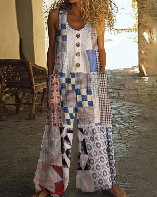 Vintage Square Patchwork Boho Art Women's Linen Wide Leg Jumpsuit