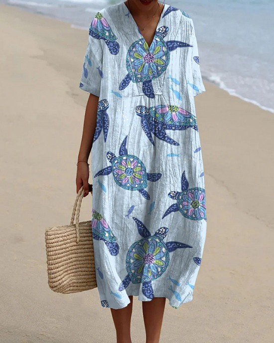 Women's Resort Collection Watercolor Turtle Pattern Pattern Casual Flowy Midi Dress Women's Resort Collection Watercolor Turtle Pattern Pattern Casual Flowy Midi Dress