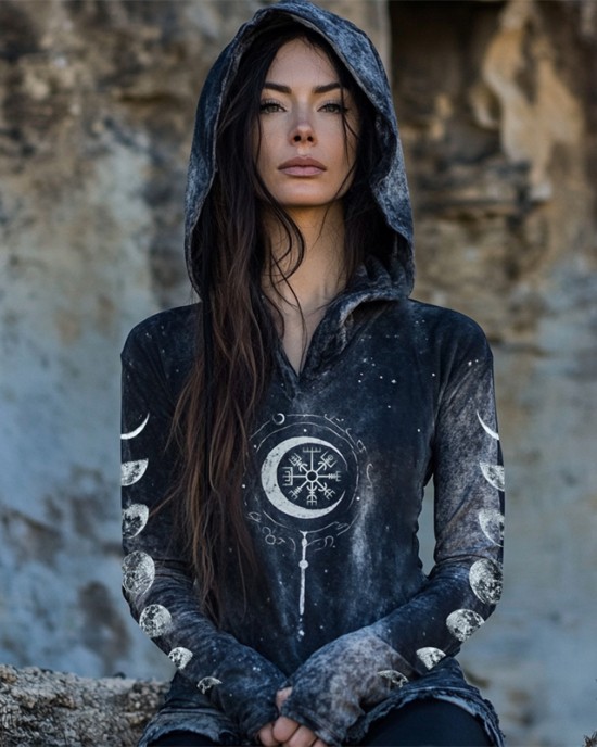 Viking Vegvisir Moon Phase Mystical Handmade Hoodie Viking Vegvisir Moon Phase Mystical Handmade Hoodie