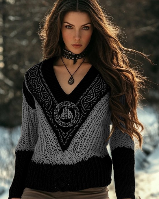 Women's Viking Style Knitted Jacquard V-neck Sweater