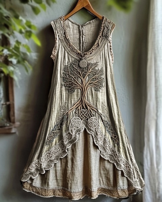 Tribal Viking Life Of Tree Celtic Knot Lace Art Linen Tank Dress