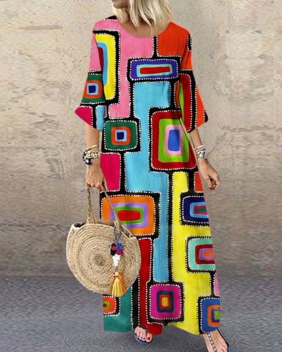Geometric Abstract Art Women's Linen Maxi Dress Geometric Abstract Art Women's Linen Maxi Dress