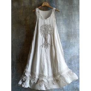 Viking Celtic Tree Of Life Lace Hem Layered Linen Dress