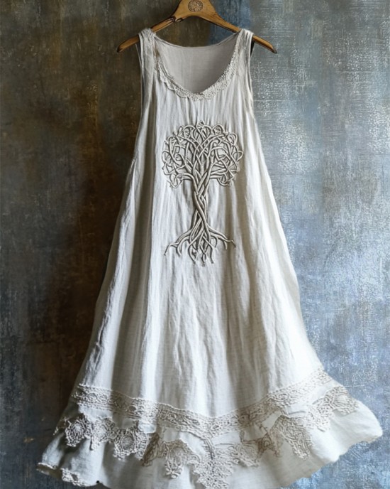 Viking Celtic Tree Of Life Lace Hem Layered Linen Dress Viking Celtic Tree Of Life Lace Hem Layered Linen Dress
