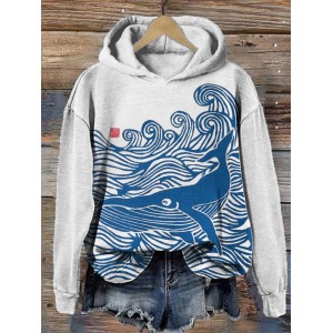 Whale & Waves Ancient Japanese Art Cozy Hoodie