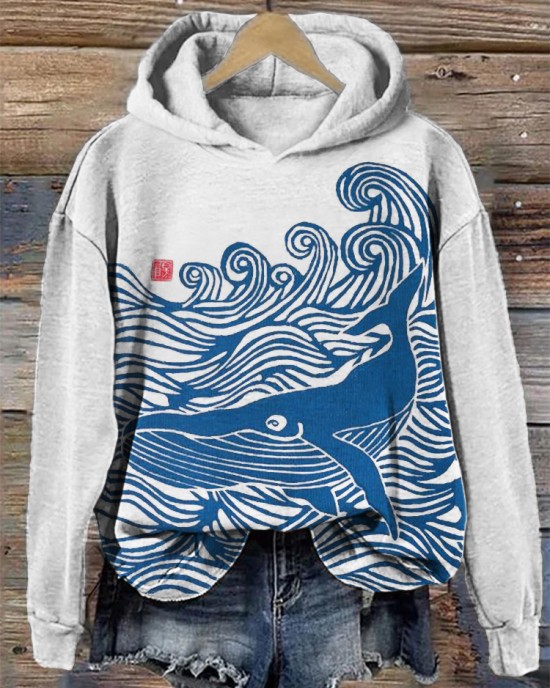 Whale & Waves Ancient Japanese Art Cozy Hoodie Whale & Waves Ancient Japanese Art Cozy Hoodie