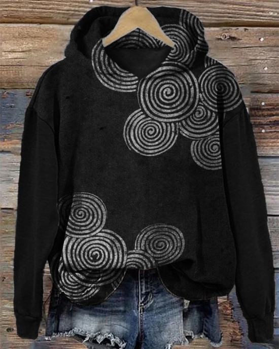 Simple Sea Waves Japanese Lino Art Cozy Hoodie