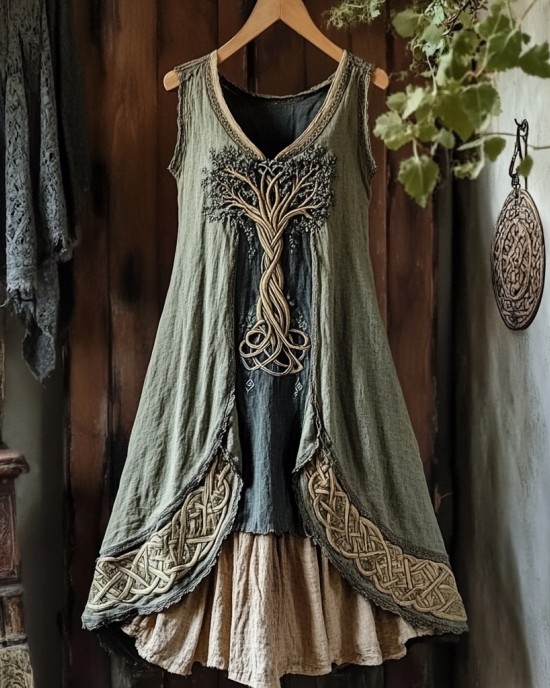 Viking Tree Of Life Celtic Knot Patchwork Art Linen Tank Dress Viking Tree Of Life Celtic Knot Patchwork Art Linen Tank Dress