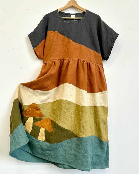 Mushroom Landscape Colorblock Patchwork Linen Dress Mushroom Landscape Colorblock Patchwork Linen Dress