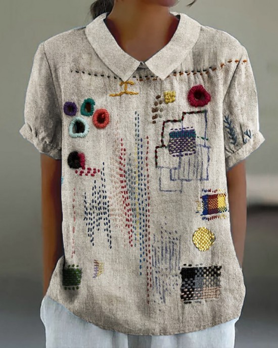 Colorful Embroidered Japanese Sashiko Art Linen Blend Shirt Colorful Embroidered Japanese Sashiko Art Linen Blend Shirt