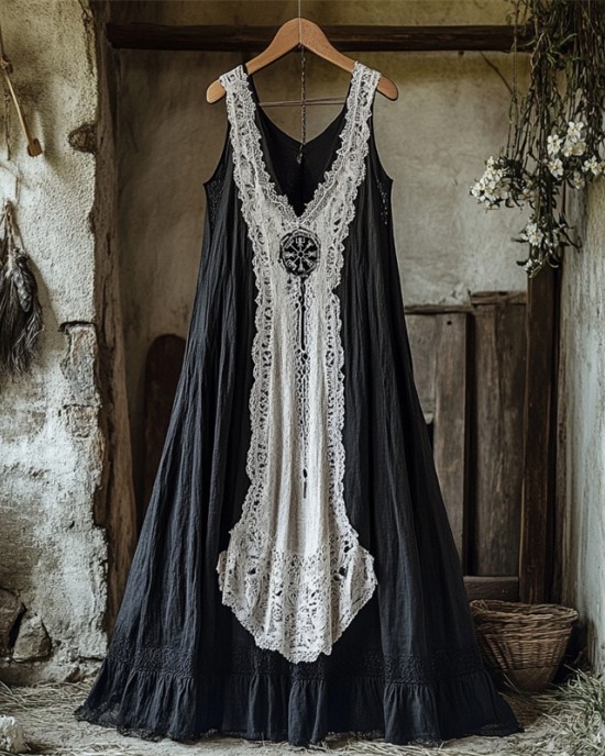 Viking Vegvisir Embroidered Lace Contrast Linen Tank Dress Viking Vegvisir Embroidered Lace Contrast Linen Tank Dress