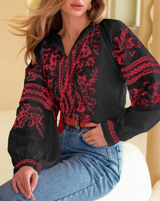 Women's Casual Ukrainian Ethnic Embroidered Long Sleeve Shirt Women's Casual Ukrainian Ethnic Embroidered Long Sleeve Shirt