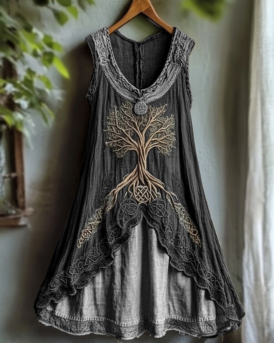 Tribal Viking Life Of Tree Celtic Knot Lace Art Linen Tank Dress