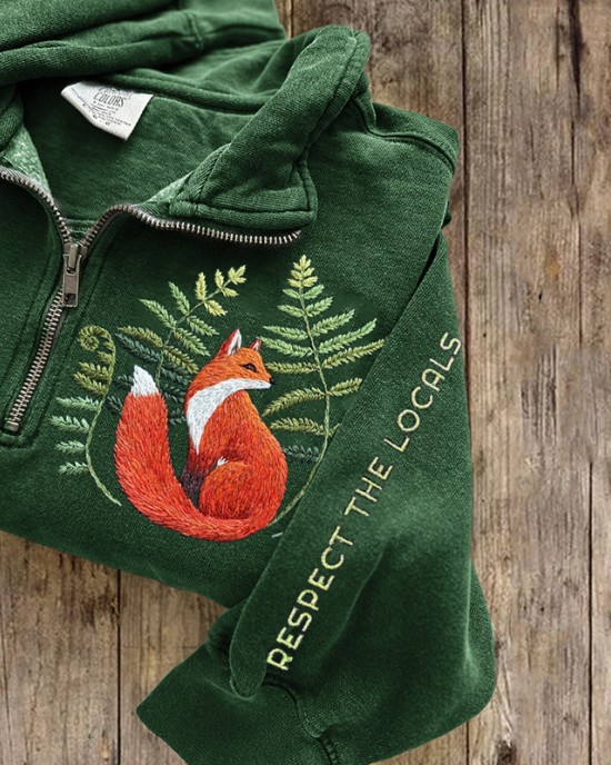 Respect The Locals Fox Fern Embroidered Zip Up Sweatshirt Respect The Locals Fox Fern Embroidered Zip Up Sweatshirt
