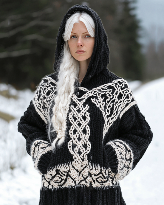 Women's Viking Tribal Jacquard Celtic Inspired Chunky Knit Hooded Sweater