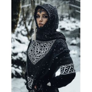Women's Viking Tribal Jacquard Celtic Inspired Chunky Knit Hooded Sweater
