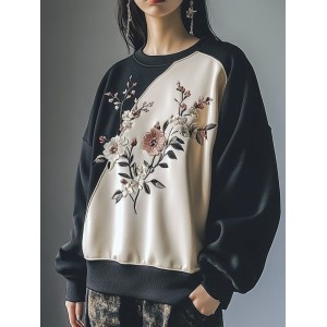 Handmade Floral Embroidery Color Clash Women's Loose Sweatshirt