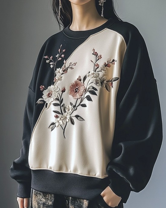Handmade Floral Embroidery Color Clash Women's Loose Sweatshirt Handmade Floral Embroidery Color Clash Women's Loose Sweatshirt