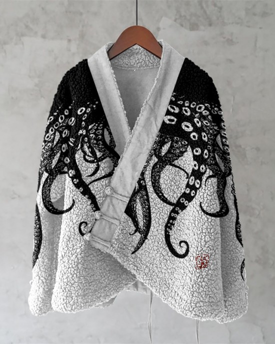 Vintage Octopus Art Painting Pattern Fleece Kimono Cardigan Vintage Octopus Art Painting Pattern Fleece Kimono Cardigan