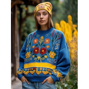 Ukrainian Folk Floral Embroidered Vintage Cozy Sweatshirt