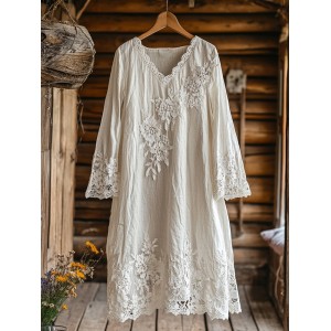 Retro Floral Embroidery Lace Art Linen Blend Maxi Dress