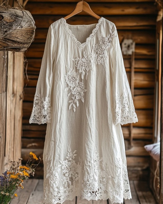 Retro Floral Embroidery Lace Art Linen Blend Maxi Dress Retro Floral Embroidery Lace Art Linen Blend Maxi Dress
