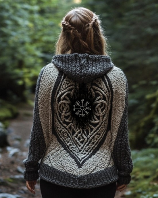 Vintage Viking Vegvisir Celtic Cozy Chunky Hooded Cardigan Vintage Viking Vegvisir Celtic Cozy Chunky Hooded Cardigan