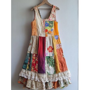 Floral Pattern Lace Patchwork Linen Blend Dress