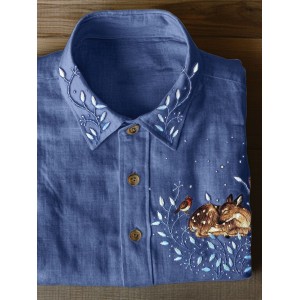 Sleeping Deer Forest Embroidered Linen Blend Blouse