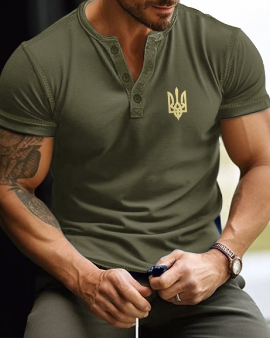 Men's Ukraine Trident Embroidered Henley T-shirt Men's Ukraine Trident Embroidered Henley T-shirt