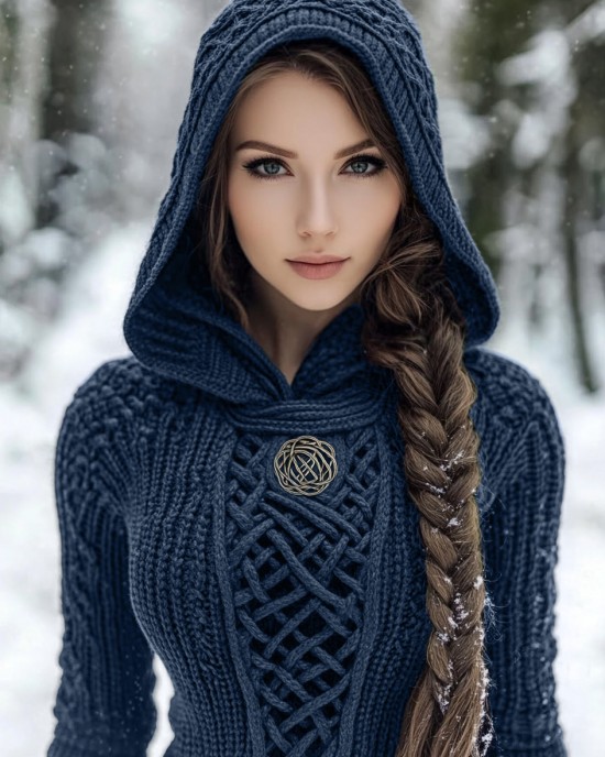 Women's Viking Style Knitted Cozy Hooded Sweater