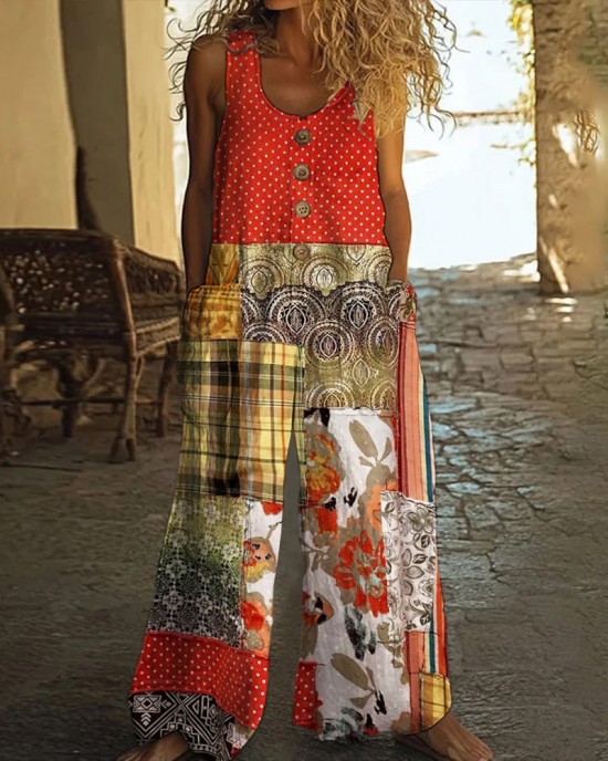 Vintage Square Patchwork Polka Dot Art Women's Linen Wide Leg Jumpsuit Vintage Square Patchwork Polka Dot Art Women's Linen Wide Leg Jumpsuit