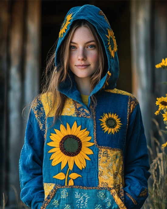 Ukraine Ethnic Sunflowers Embroidered Patchwork Hoodie Ukraine Ethnic Sunflowers Embroidered Patchwork Hoodie