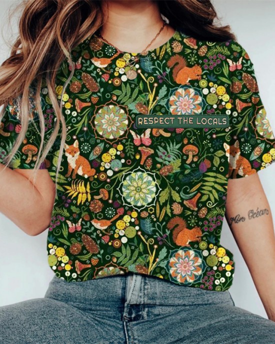 Respect The Locals Embroidered Animals Floral Pattern T Shirt