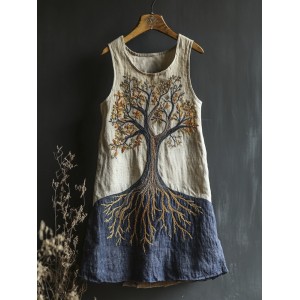 Tree Of Life Embroidered Vintage Art Women's Linen Vest Dress
