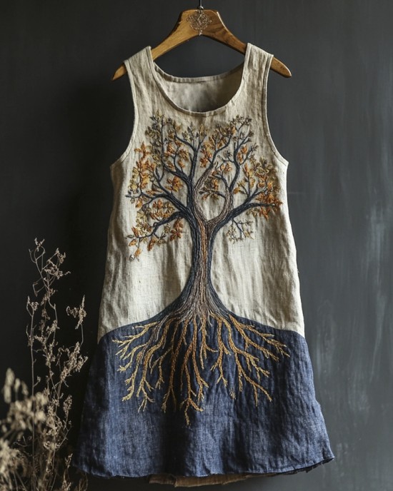 Tree Of Life Embroidered Vintage Art Women's Linen Vest Dress
