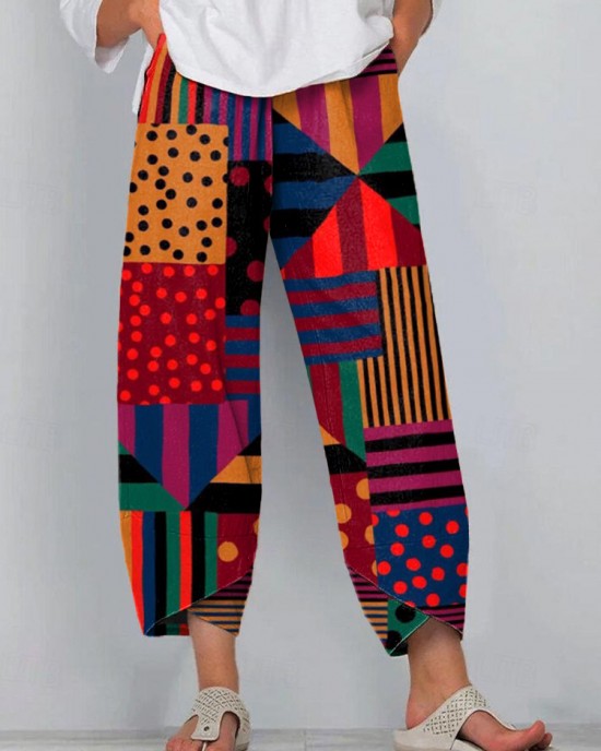 Women's Vintage Geometric Pattern Linen Blend Pants Women's Vintage Geometric Pattern Linen Blend Pants