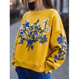 Ukraine Ethnic Floral Embroidered Crewneck Comfy Sweatshirt