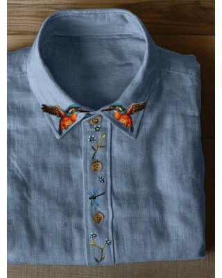 Cottage Humming Birds Floral Embroidered Linen Blend Blouse